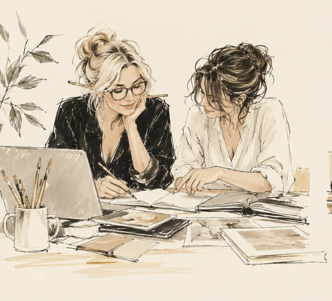 Ilustración de dos mujeres trabajando juntas en un proyecto creativo