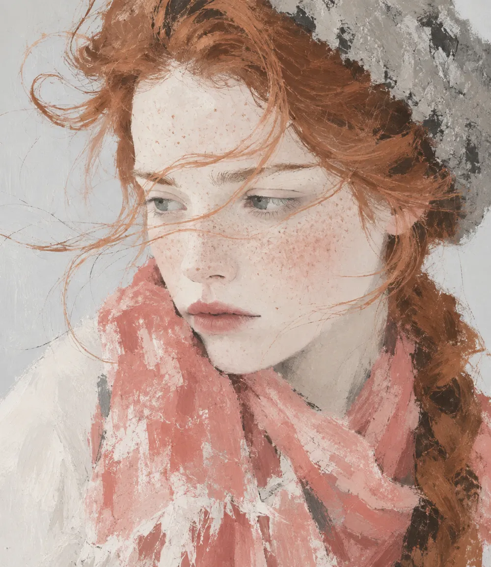 Ilustración de una mujer pelirroja con bufanda en otoño, de Sun Art Visual