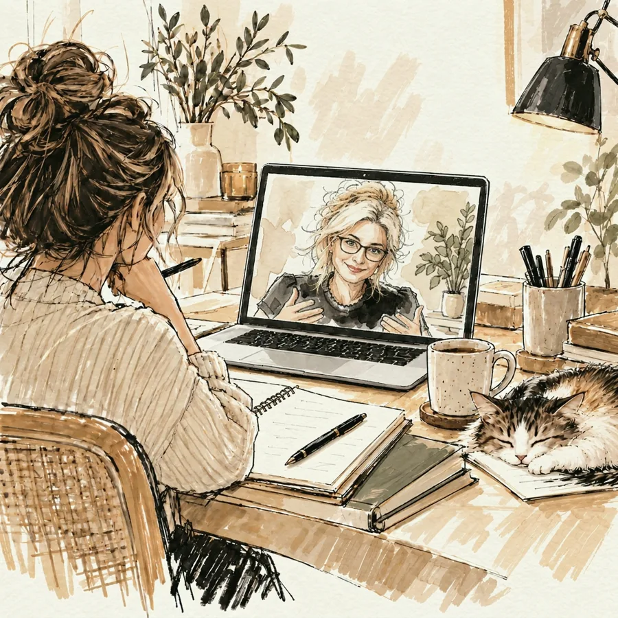 Talleres prácticos y en remoto: ilustración de una emprendedora siguiendo un taller online con Asun Tello — Sun Art Visual