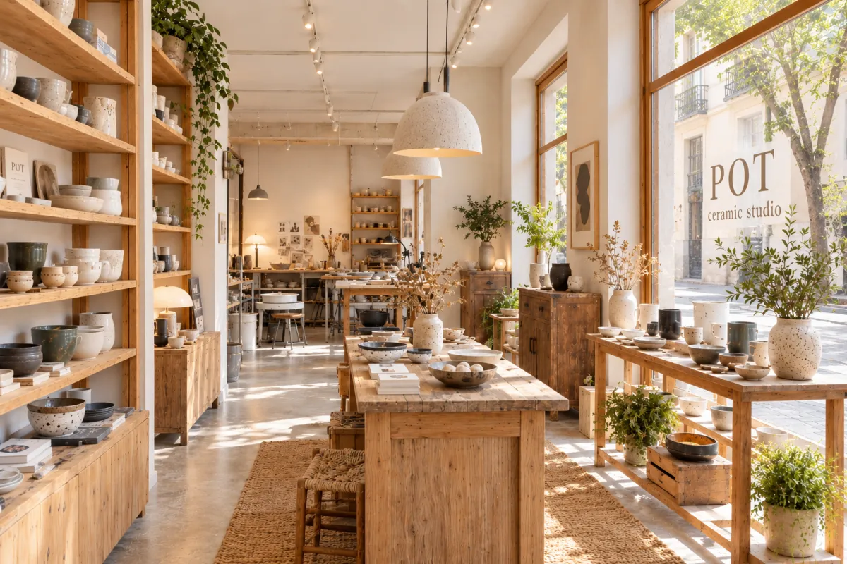 Tienda de POT ceramic studio con estanterías de cerámica