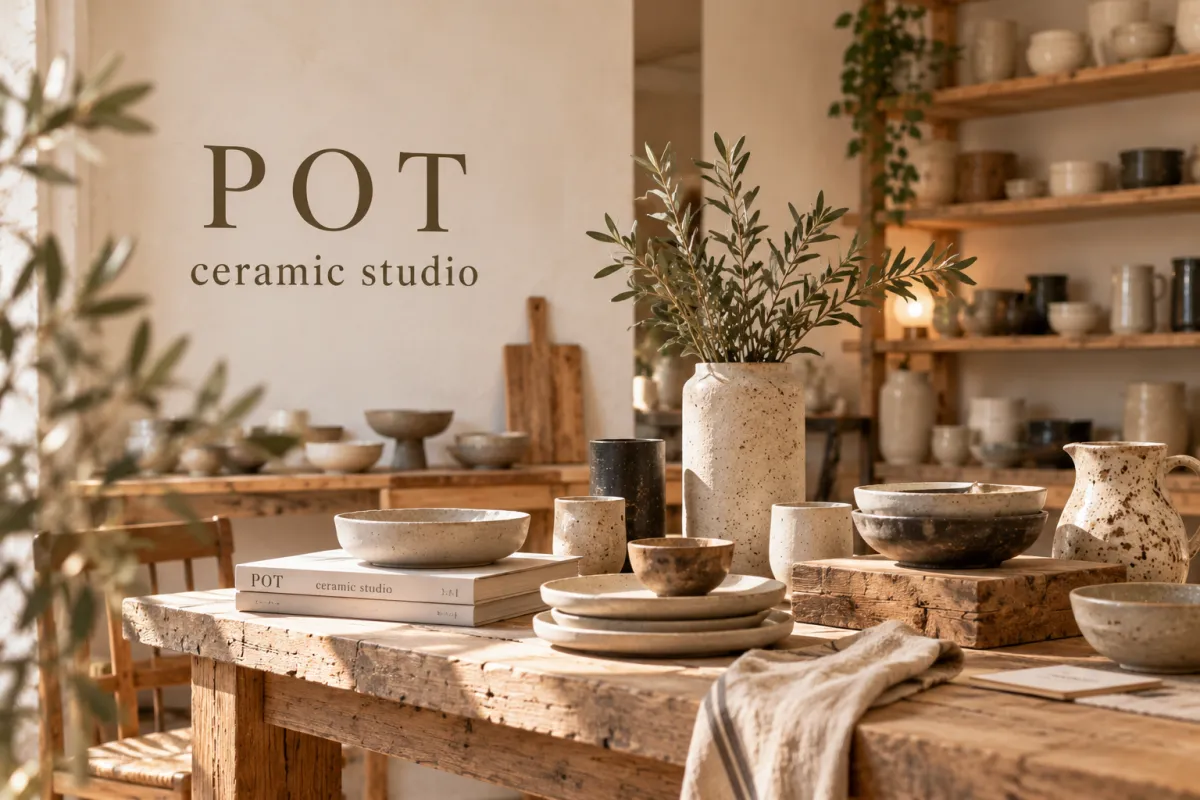 Logotipo de POT ceramic studio en la pared de la tienda