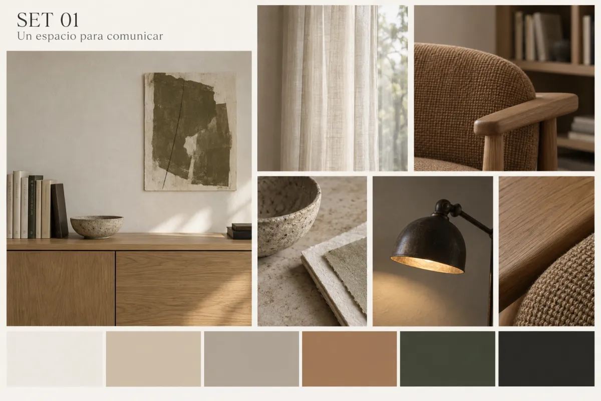 Moodboard del set con materiales y paleta de colores