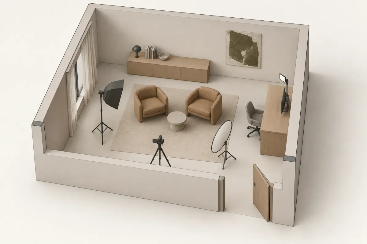 Plano 3D del set con la distribución de cámaras, luces y muebles