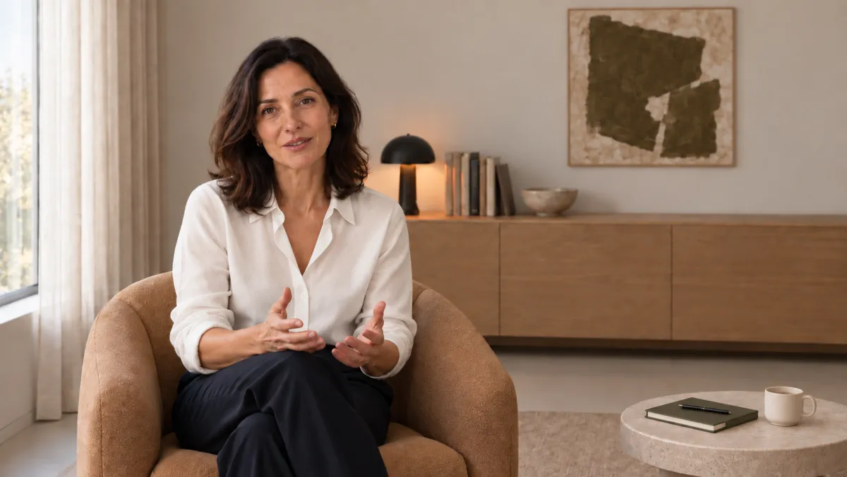 Presentadora hablando a cámara en el sillón del set, plano abierto
